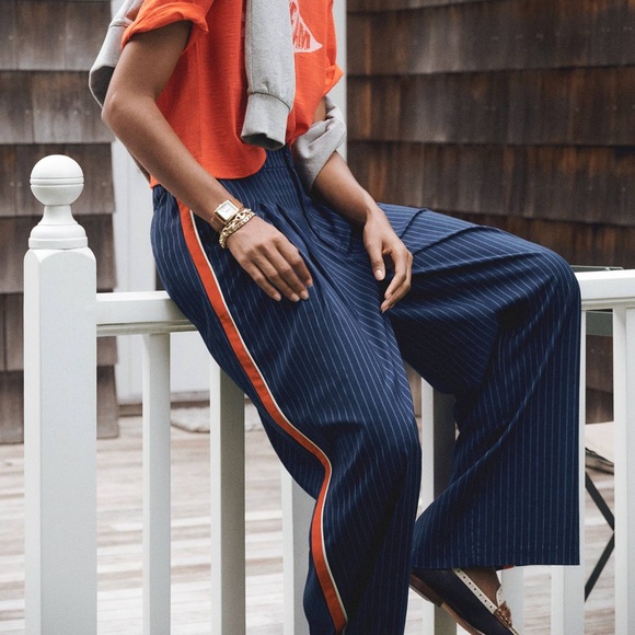 Maeve Pants - Maeve by Anthropologie Avery Wide-Leg Trouser in Navy Pinstripe Track - S